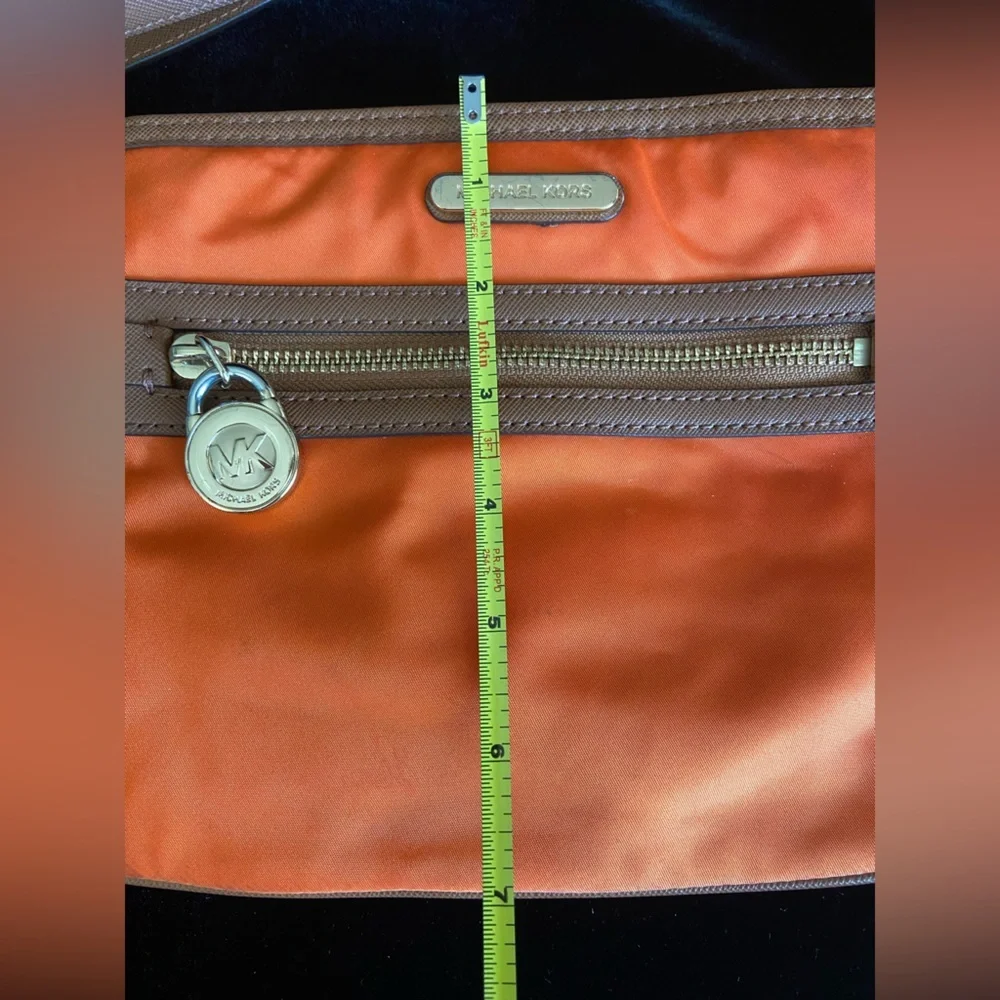 Michael Kors Kempton Orange Nylon British Tan Leather Pocket Crossbody Bag - Picture 13 of 14